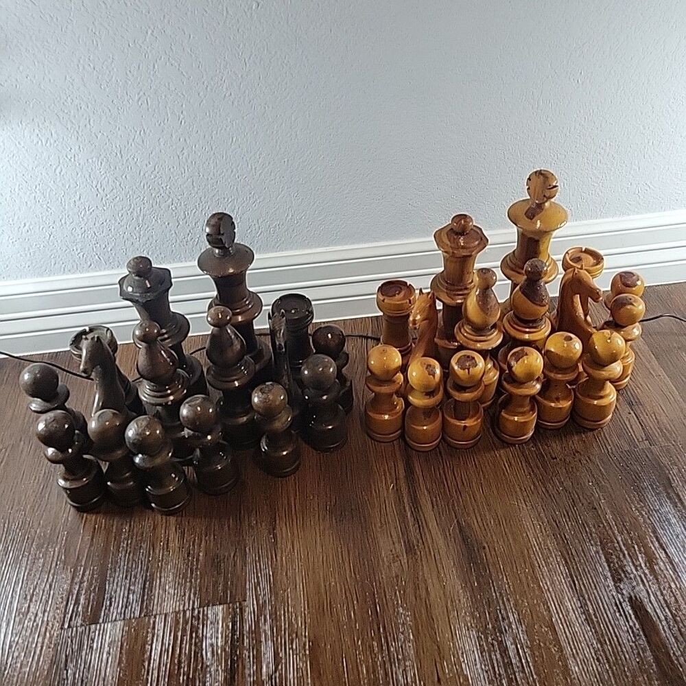 1950s MCM Vtg Hand Carved Wooden Chess Pieces Set Game 10.5" King No Board